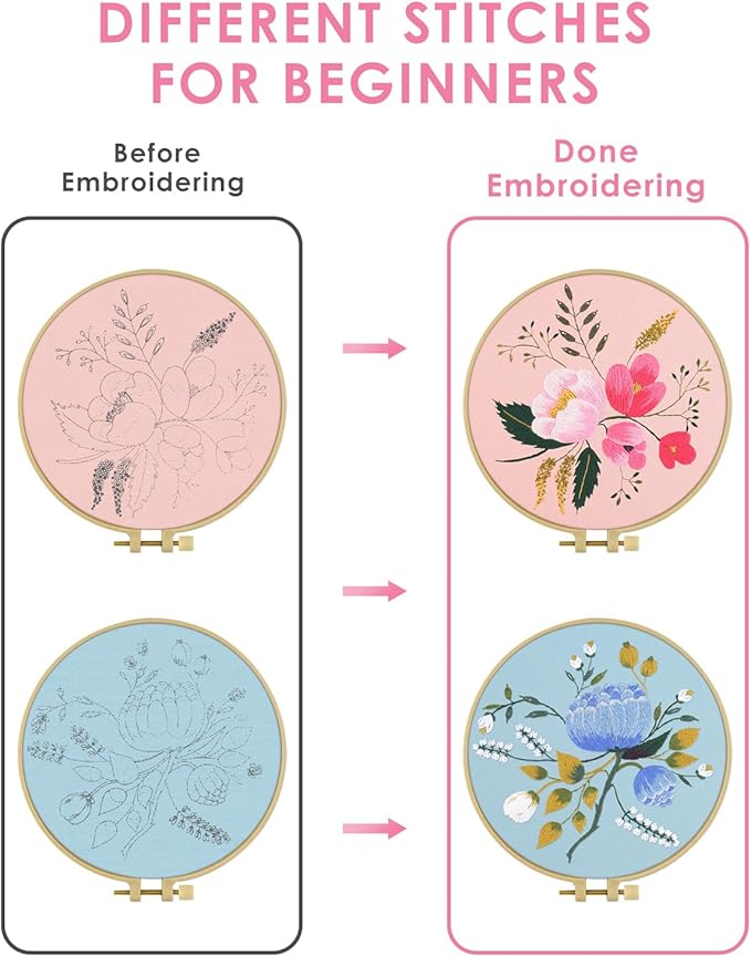 TINDTOP Embroidery Kit for Adult, Owl Embroidery Kit for Beginners Include Embroidery Cloth Hoops Threads for Craft Lover Hand Stitch with Embroidery Skill Techniques (Flower)