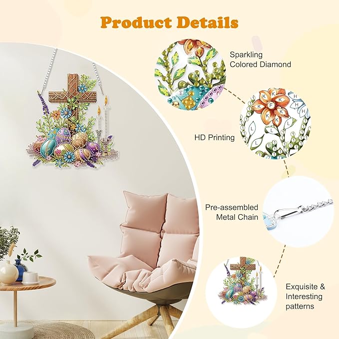 HEIBAGO Easter Eggs Diamond Art Hanging Kits for Adults, Diamond Art Suncatchers Cross, 5D Special Shape Diamond Painting Pendant, DIY Window Ornament Gifts for Home Garden Door Wall Decor 8.3 x 8.3In