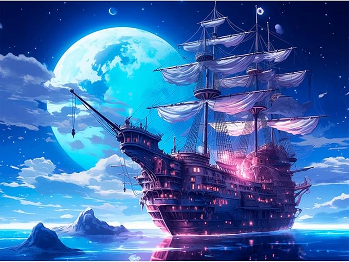 Camocin Diamond Art Kits for Adults Moonlight, 5D Sailing Ship Diamond Painting Kits for Adults Beginners, DIY Night Sky Landscape Full Round Dots Drill Gem Art Kit for Home Wall Decor 12 x 16 Inch