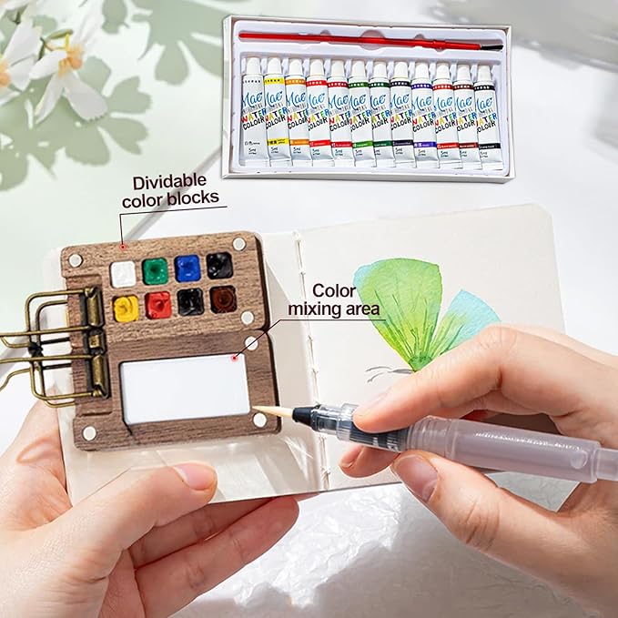 Mini Paint Palette Travel Kit, Mini Watercolor Paint Set, Travel Watercolor Palette Set, 12 Color Pocket Artist Watercolour Travel Sets for Painters Artists (8 Grids)