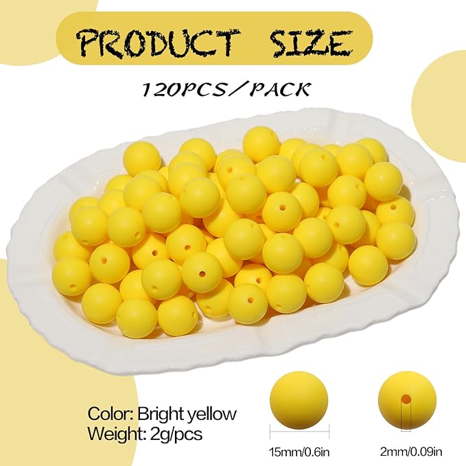 120pcs 15mm Bulk Silicone Beads for Pens, Keychains, Necklaces and Bracelets Making, Assorted Rubber Beads Set (Yellow)