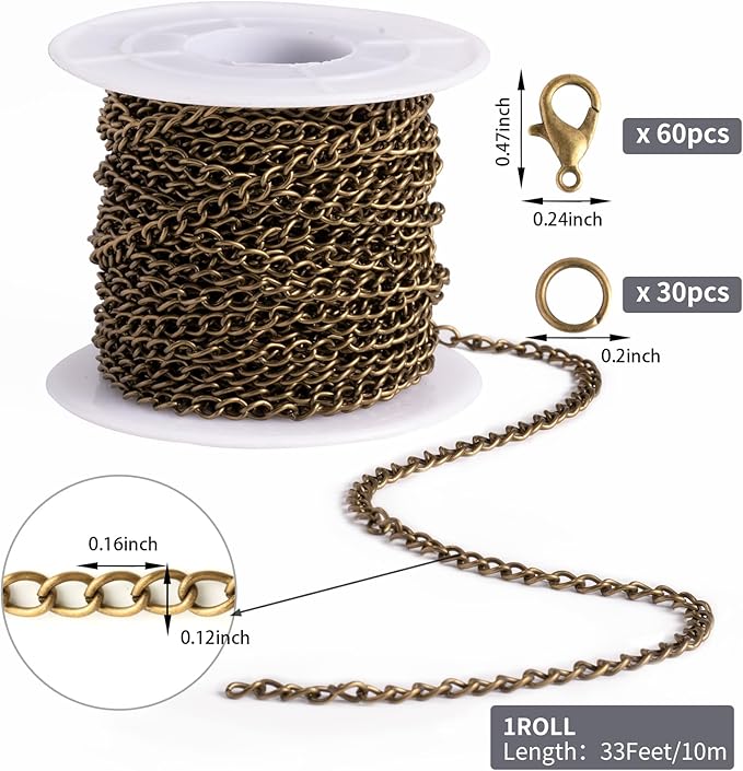 Lemonkey 33 Feet Metal Bronze Necklace Chains Curb Links Chains Bulk for Jewelry Making DIY Craft Kit with Lobster Clasps Jump Rings