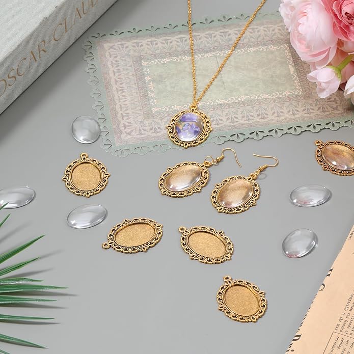 30 Pcs Pendant Tray Kit, 15 Pcs 30 x 40 mm Oval Bezel Blank Pendant Trays Base, 15 Pcs Transparent Glass Cabochons, Cameo Pendants for DIY Bridal Bouquet Photo Pendants Memorial Jewelry Making Necklace