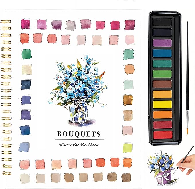 Watercolor Workbook for Beginners - Complete Watercolor Painting Kit with 12 Color Paint Set & Brush | Step-by-Step Art Book for Adults, Hobby Gift for Friends