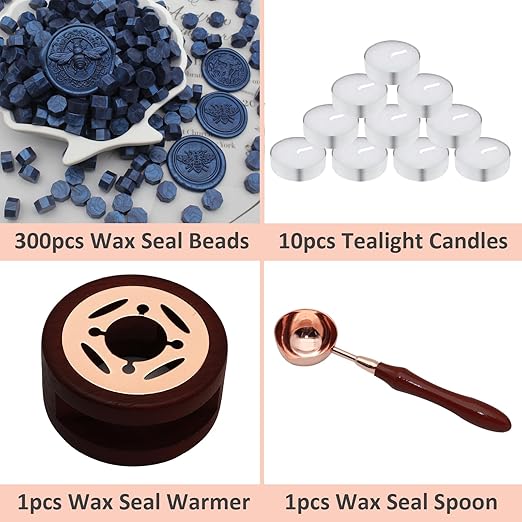 Wax Seal Beads Kit - 300pcs Navy Blue Sealing Wax Beads with Wood Melting Warmer, Spoon & 10 Mini Candles for Stamp Seals, Wedding Invitation, Envelope, Cards, Gift Wrapping Decorations