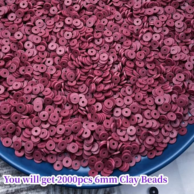 2000pcs Heishi Vinyl Beads Flat Round Polymer Clay Spacer Beads for Making Bracelet Necklace Earring Accessories DIY Handmade Craft(Wine Red, 6mm)