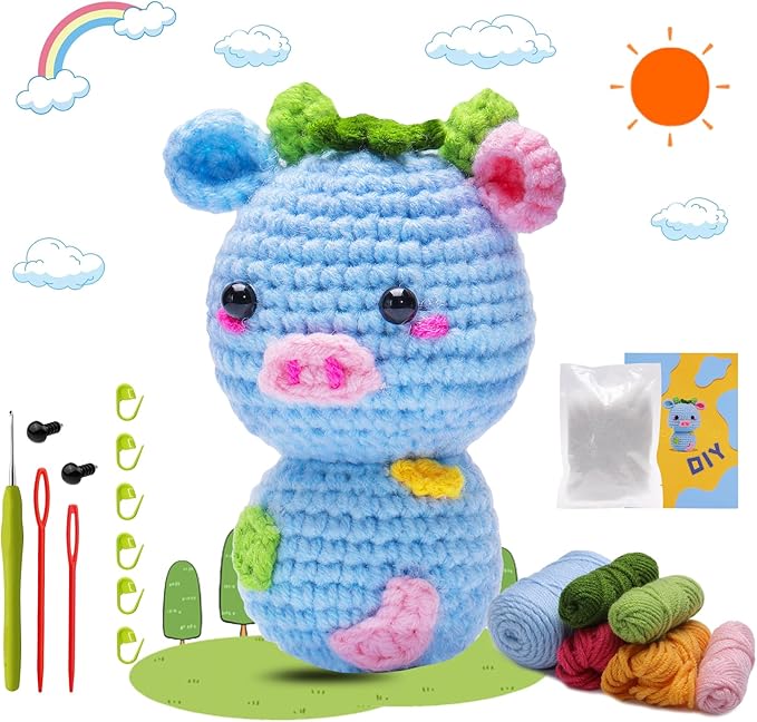 SAMLMAP Crochet Kit for Beginner Learn to Animal Amigurumi Crochet Kit Adult Kit with Step-by-Step Instructions and Video Tutorials Cow Mushroom Potted Plant Coasters