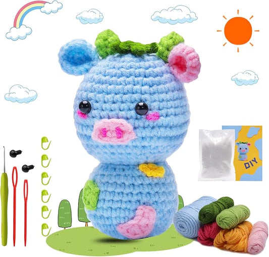 SAMLMAP Crochet Kit for Beginner Learn to Animal Amigurumi Crochet Kit Adult Kit with Step-by-Step Instructions and Video Tutorials Cow Mushroom Potted Plant Coasters