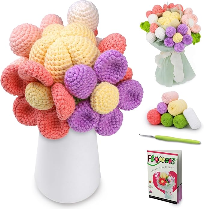 Iuuidu Crochet Kit for Beginners, Flower Bouquet Crochet Kit, Crochet Starter Kit for Beginners Adults with Step-by-Step Video Tutorials for Birthday Day Wedding Present, DIY Home Decor