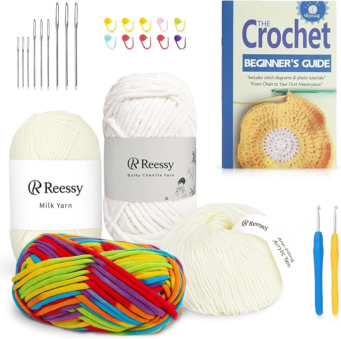 Reessy Crochet Yarn Kit for Beginners – 4 Yarns Sampler Pack (Acrylic, Cotton, Velvet Chenille, Beginner Yarn) with Hooks & Accessories – All-in-One Crochet Starter Kit for Beginners Adults (A)