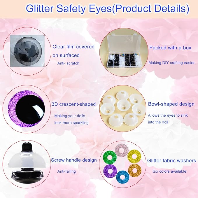 Nizdyzy 72pcs Safety Eyes for Crocheting Glitter Safety Eyes for Amigurumi Stuffed Animals Crochet DIY Dolls and Toys Making