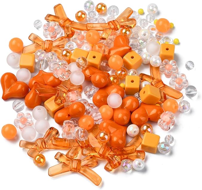 Ipotkitt 130 Pcs Acrylic Mixed Shape Beads Orange Color Beads Heart Round Bowknot Cube Barrel Spacer Beads for DIY Necklace Bracelets Jewelry Making