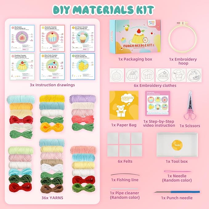 punch needle kit-6,embroidery kit for beginners,punch needle kits adults beginner,needles, curved scissors, a tool storage box, yarn, easy-to-follow instructions, and tutorial videos-Fruit Dessert