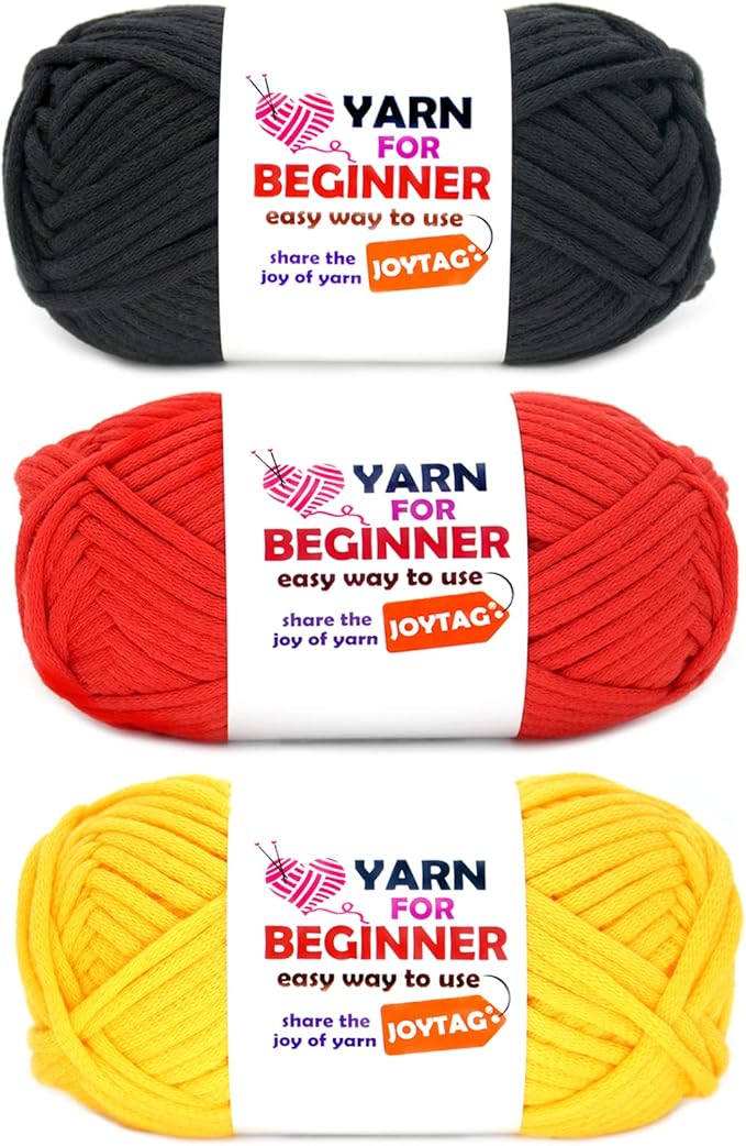 Yarn for Crocheting and Knitting Cotton Crochet Knitting Yarn for Beginners with Easy-to-See Stitches Cotton-Nylon Blend Easy Yarn for Beginners Crochet Kit(3x50g)-(Black+Red+Yellow)