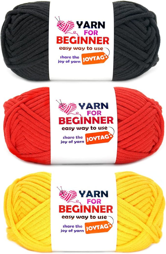 Yarn for Crocheting and Knitting Cotton Crochet Knitting Yarn for Beginners with Easy-to-See Stitches Cotton-Nylon Blend Easy Yarn for Beginners Crochet Kit(3x50g)-(Black+Red+Yellow)