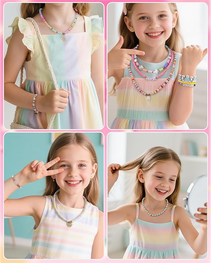 Mio Angle Clay Beads Bracelet Making Kit 24 Colors Flat Preppy Beads for Friendship Jewelry Making Polymer Heishi Beads with Charms Gifts for Teen Girls Crafts for Girls Ages 8-12