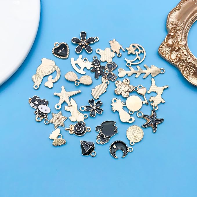 Youdiyla 60pcs Alloy enamel black series fixed set Pendant Jewelry Making DIY Keychain Earrings Pendant Various Design Charms for Jewelry Making Bracelets Necklace (HK550)
