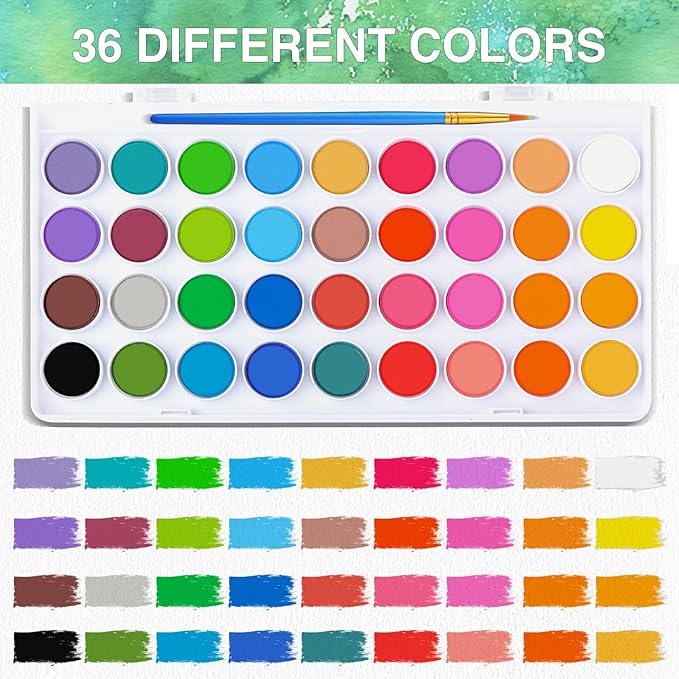 AROIC 65 Pieces Watercolor Paint Set,36 Colors Watercolor,10 Brushes,3 Refillable Water Brush Pens,16 Page Pad(8.5 * 5.5in),Profesional Watercolor Kit for Adults Artists, Beginners