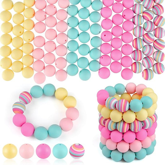 ASTARON 100 Pcs 15mm Silicone Beads for Keychain Making, Rainbow Round Beads Bulk for Bracelets Crafts Beadable Pens Decorations Jewelry Making Supplies