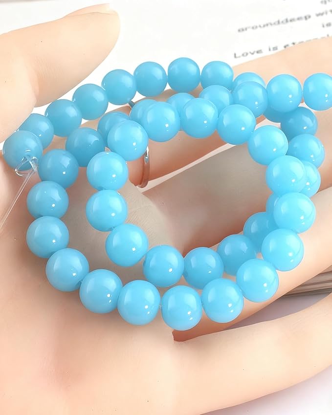 8mm Glass Beads 46PCS Glass Beads for Jewelry Making Charm Round Loose Bead for Bracelet Making Kit (Light Lake Blue Jade)