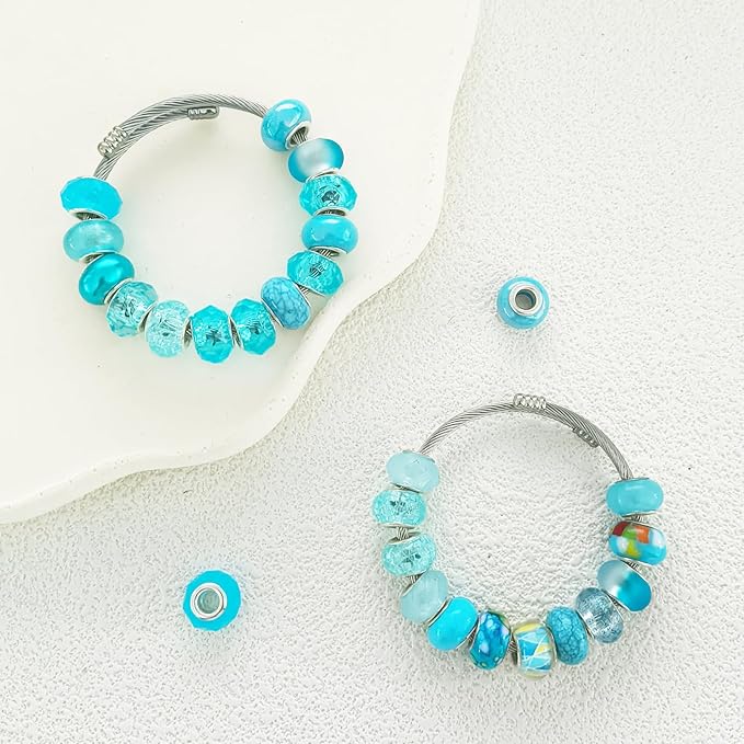 Large Hole European Beads for Pens - 100 Pieces Assorted Lake Blue Fairy Wand Garden Lampwork Craft Spacer Beads for DIY Bracelet Necklace Decoration Jewelry Making Supplies