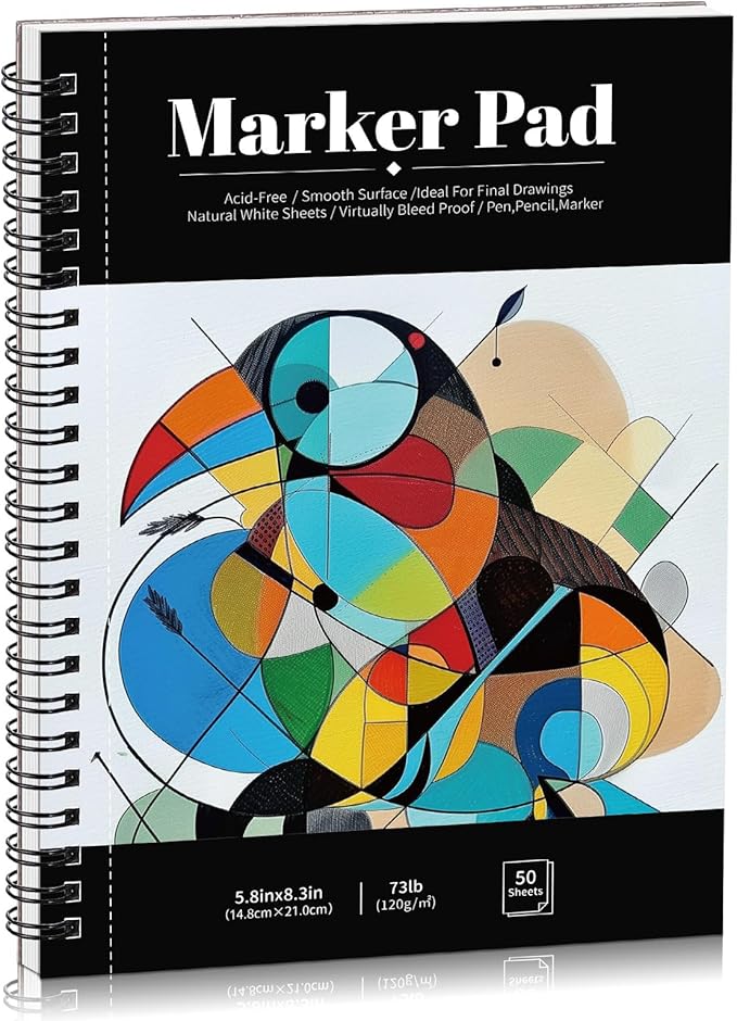 50 Sheets Marker Paper Pad, 5.8×8.3 Inch Bleedproof Art Sketch Pad, 73lb/120gsm Drawing Paper Spiral Sketch Book, Painting Coloring Alcohol Marker Paper for Beginners, Artists, Gift