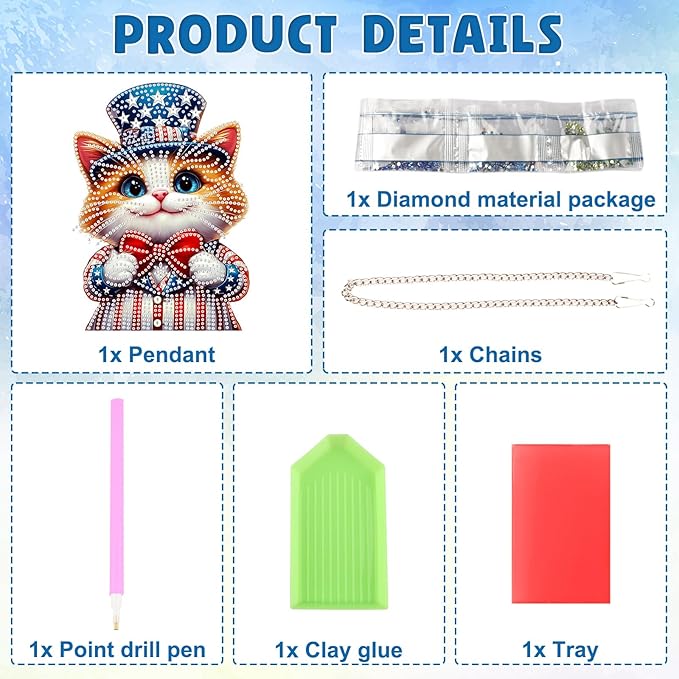DOMROM 4TH of July Diamond Art Hanging Kit for Adult, Cat Diamond Art Hanging Kit, Patriotic DIY Diamond Art, Independence Day Diamond Hanging Pendant, Window Pendants Garden Wall Hanging Ornament