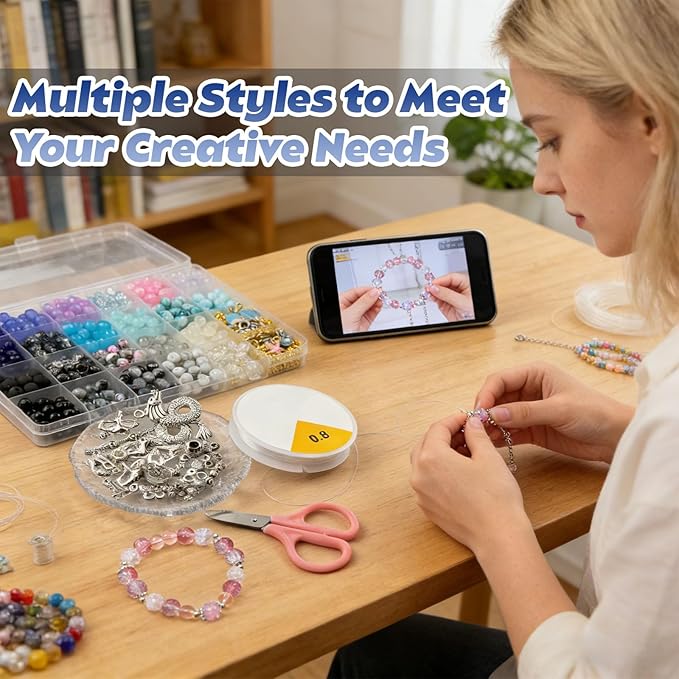 Queenme Beads Bracelet Making Kit: 660pcs 8mm Round Glass Beads 22 Colors with Bracelet Accessories and Elastic String for DIY Jewelry Making at Home for Women