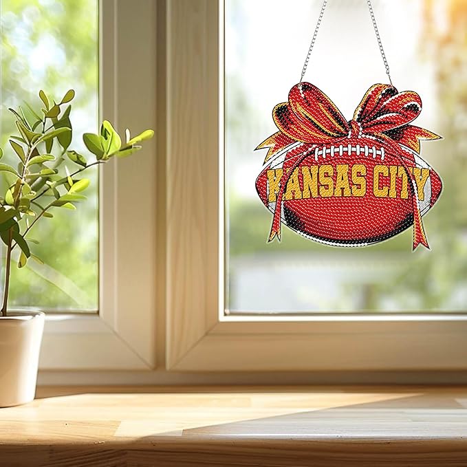 Rertcioph Football Diamond Art Hanging Kit for Adults, DIY Acrylic 5D Diamond Painting Hanging Ornament for Kansas City Home Wall Decor and Gift