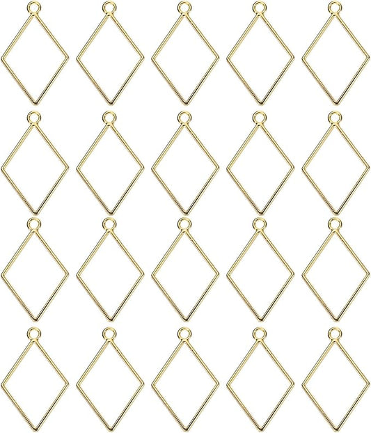 uxcell 60Pcs Alloy Open Bezel Pendants, Diamond Shape Hollow Frame Pendant Geometric Open Back Frame Pendant for Resin Jewelry Making Earrings Necklace Bracelet DIY, Gold Tone