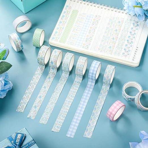 12 Rolls Watercolor Floral Washi Tape Set 15 mm Vintage Flower Decorative Masking Tape for Spring Arts DIY Craft Scrapbook Journal Supplies Gift Wrapping(Pink and Blue,Flowers)