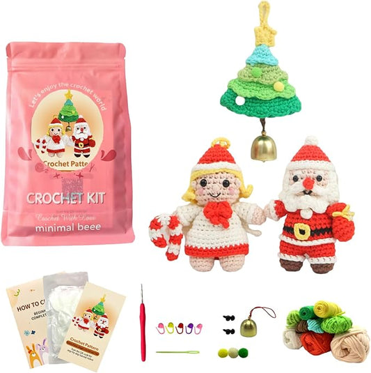 minimal beee Beginner Christmas Crochet Kit - 3-Piece Santa & Mrs. Claus Set, Complete Craft Supplies with Video Tutorials for Christmas Tree Decor.Gift Hobby for Adults