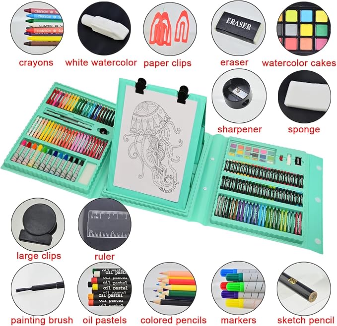 Sunnyglade 185 Pieces Double Sided Trifold Easel Art Set, Drawing Art Box with Oil Pastels, Crayons, Colored Pencils, Markers, Paint Brush, Watercolor Cakes, Sketch Pad (Green)