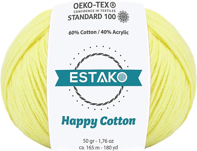 Estako Happy Cotton, 60% Cotton 40% Acrylic Yarn, Soft, Fine/Sport (2) for Crochet and Knitting 1.76 Oz (50g) / 180 Yrds (165m) (4840 - Lemon)
