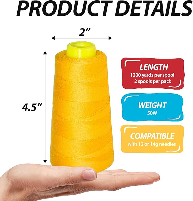 Mandala Crafts Gold Thread Cones for Machine and Hand Quilting - 2400 Yds 50 WT Multiple Purpose Mercerized 100% Cotton Threads for Sewing Machine Serger Embroidery