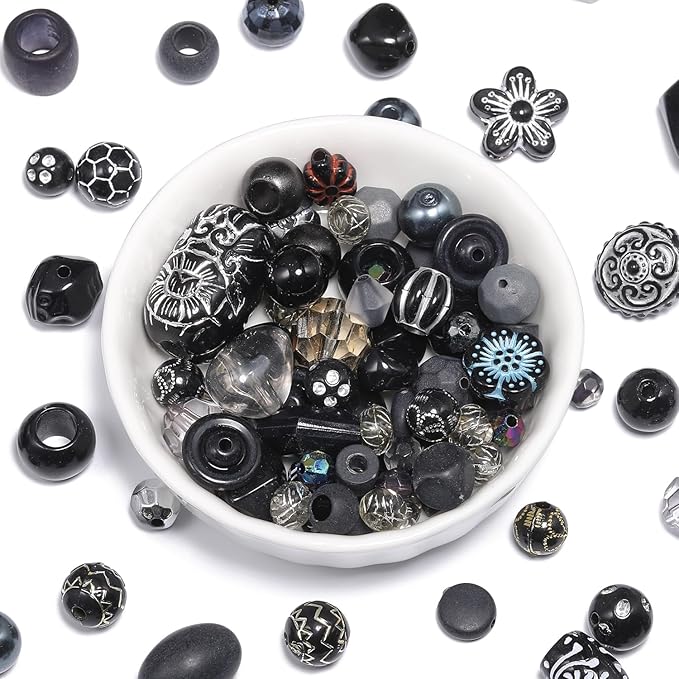 7.5 OZ Assorted Vintage Acrylic Beads for Jewelry Making, Song Xi Unique Flower Rose Czech Beads for Bracelet Earrings, Bohemia Style, Bulk, DIY Holiday Gift (240-260 PCS, Black)