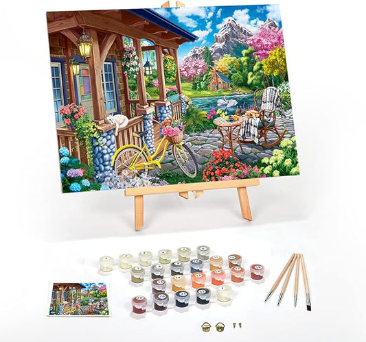 Ledgebay DIY Paint by Numbers Kit for Adults Framed Canvas Beginner to Advanced Paint by Numbers Kit Kits Include Acrylic Paint set Brushes Tabletop Easel (Colorful House Near The Lake 16"x20" Framed)