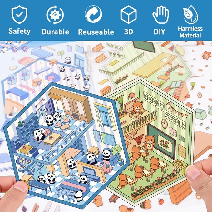 Scrapbooking Supplies Kit,DIY 3D Stickers Scene,3 Set Funny DIY Sticker Scenes,Make Your Own Cute 3D Miniature Room Scene Stickers for Adults Relief Stress Pass The Time.14-15-16