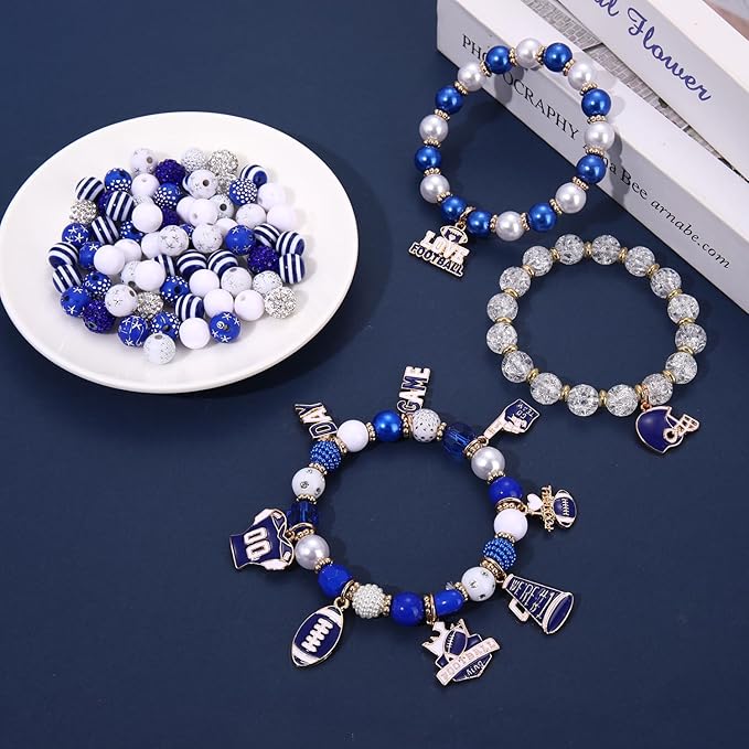 HSWE Game Day Beads Bracelet Kit Assorted Blue White Heishi Clay Pearl Letter Round Loose Beads Gold Spacer Beads with Sports Football Charms for DIY Bracelets Necklace Making
