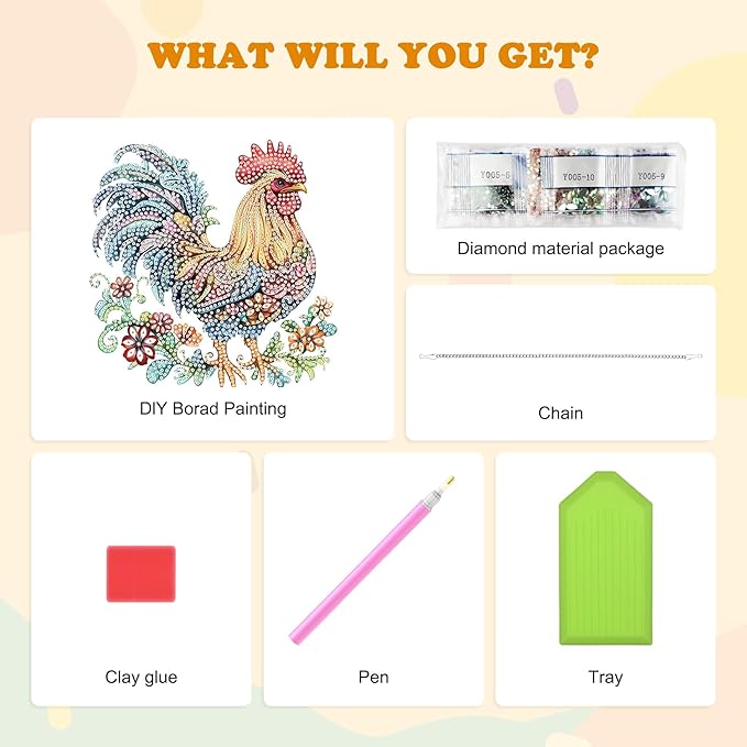 HEIBAG Rooster Hanging Diamond Art Kits for Adults, Chicken Special Shaped Crystal Diamond Painting Ornament Kit, DIY Double-Sided Pattern Window Pendant Gem Art Kit for Home Wall Decor 8.3x8.3inch