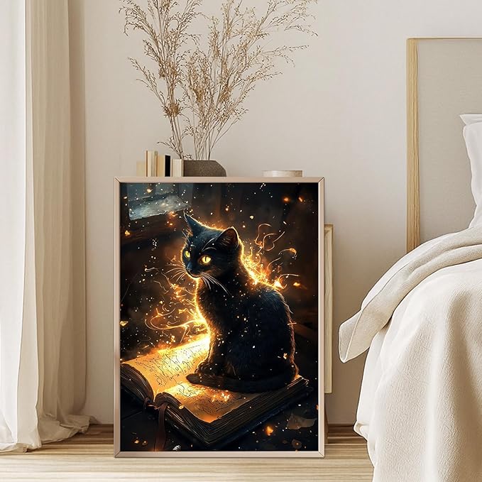 GEEHEIY Black Cat Diamond Art Kits for Adults, 5D Black Cat Diamond Painting Kits for Beginner, DIY Gem Art Dots for Adults, Perfect for Home Wall Decor 12x16 Inch