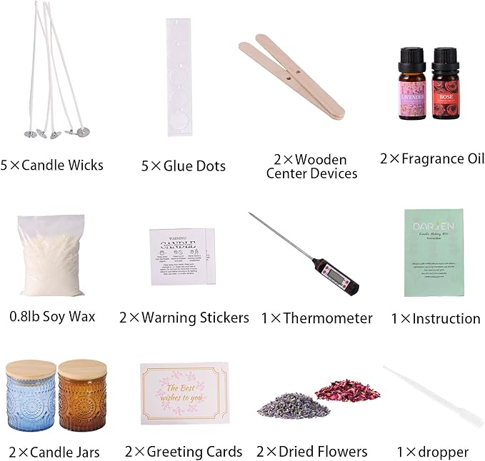 DARJEN Candle Making Kits for Adults- Soy Candle Making Supplies with 2 Candle Jars(Blue, Amber), Wax, Scents, Card & More, DIY Starter Candle Making Kit, Full Set DIY Arts & Crafts Gift