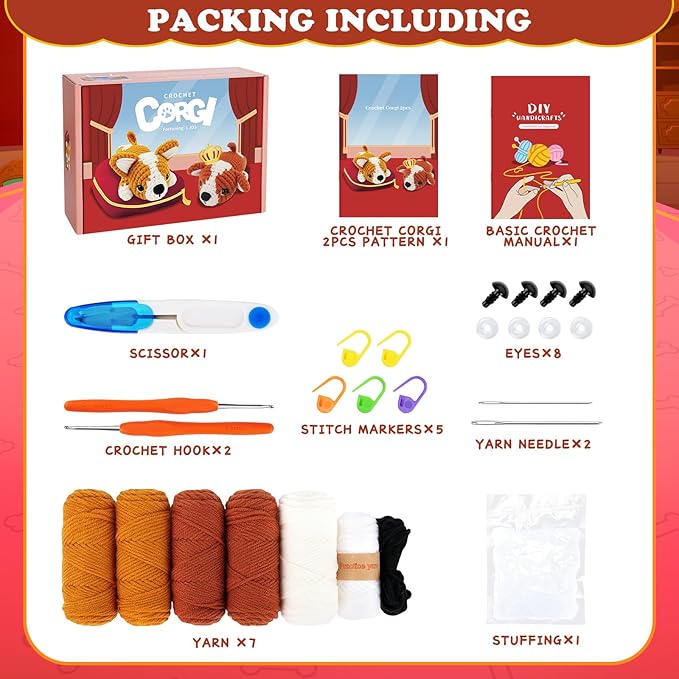 fortuning's jds crochet kit for beginners - 2 pcs corgi crochet kits with step-by-step video tutorials, beginner crochet kit for adults, crochet animal kit, dog knitting kit gifts valentine's day