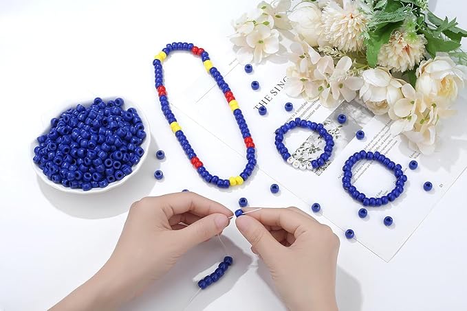 1000Pcs Blue Pony Beads 6x9mm Perler Crafts Bead for Necklace Bracelets, Plastic Beads Kit, Hair Braids Pony Bulk Kandi Hair Bead for Keychain Jewelry Making(Blue)