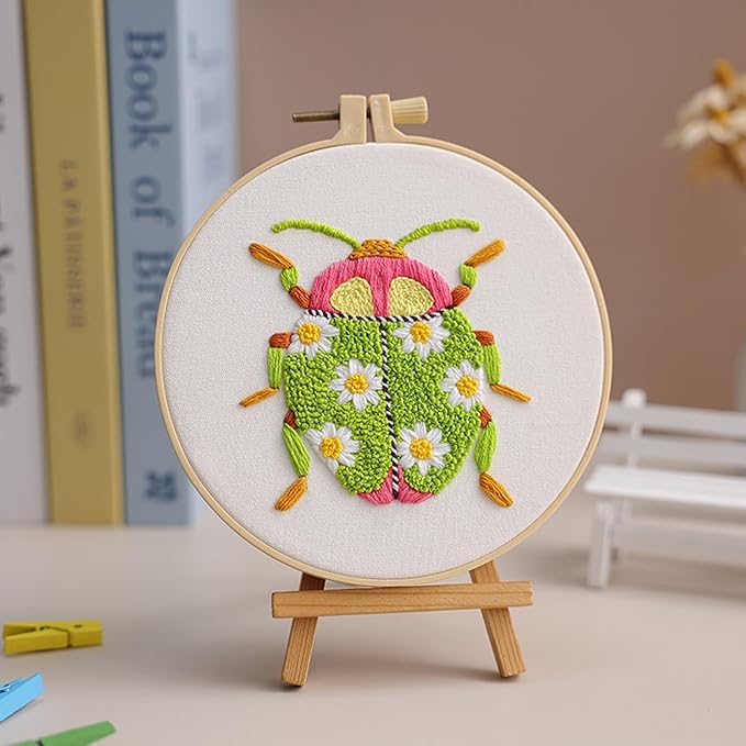 Louise Maelys 3 Sets Beetle Embroidery Kits for Beginners,Cross Stitch Kit for Adults,DIY Needlepoint for Starters Including Flowers Pattern, Hoop,Instruction and Threads