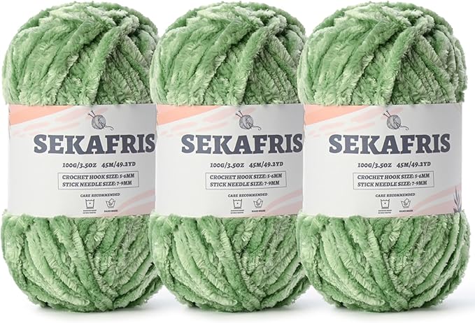 Fuzzy Chunky Chenille Yarn for Crocheting，Soft Plush Yarns for Hand Knitting，Bulky 3x100g（3x49.2 yd） Baby Blanket Yarn for Crocheting Amigurumi，Crochet Fluffy Velvet Yarns (3 Avocado Green)