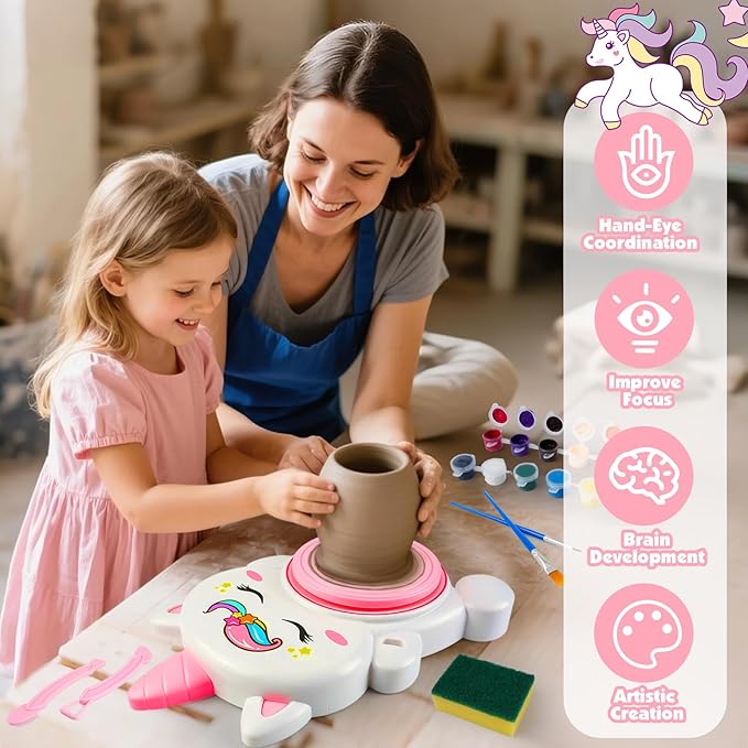 Pottery Wheel Kit for Kids with Glow Paints, Complete Pottery Arts Crafts Toys for Girls 8-12, Art Supplies for Kids 6 7 8 9 10 11 12 Toys Girls Birthday with Drawing Molds Tablecloth Air Dry Clay