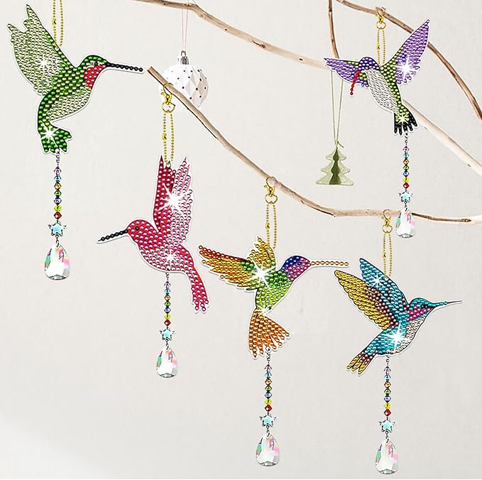 6 Pcs Diamond Painting Wind Chimes Rhinestone Hummingbird Diamond Art Suncatcher Double Sided 5D DIY Diamond Painting Kits for Adults Christmas Ornament Best Gifts for Mom