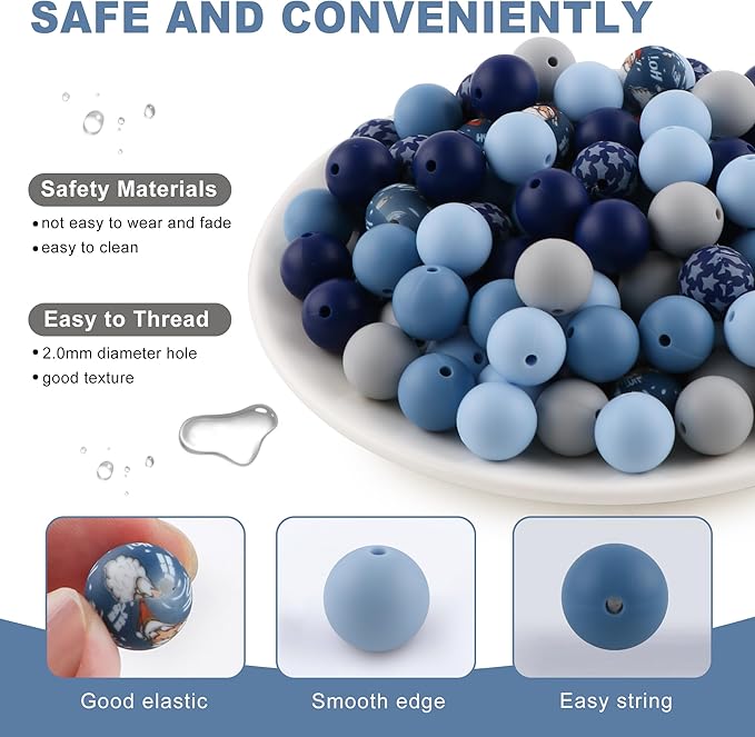 150Pcs Mixed Color 15mm Silicone Beads for Keychain Making, Gray Blue Star Print Silicone Beads for Pens and Bracelet Jewelry Making
