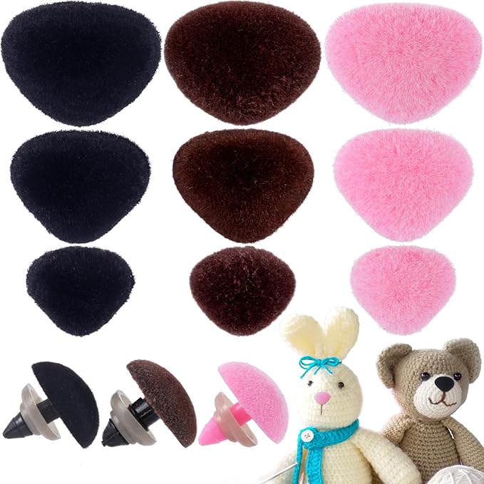 CustomyLife 36pcs Safety Noses for Amigurumi, 3 Sizes Plastic Craft Doll Noses with Washers, Flocking Stuffed Noses for Crochet Puppet Plush Toy Accessories- Black & Pink & Brown